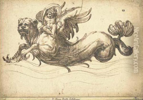 A Putto Riding On The Back Of A Sea-monster Oil Painting - Giovanni Battista Galestruzzi