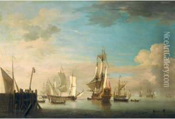 An English Two Decker Of 40 Guns, A Galliot And Other Shipping In A Calm Off A Pier Oil Painting - Charles Brooking