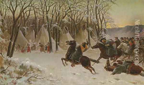 Custer Attacking an Indian Village Oil Painting - William de la Montagne Cary