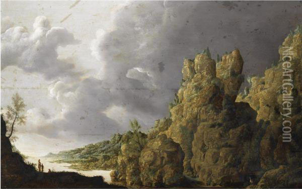 An Extensive Rocky Landscape With Figures On A Path In Theforeground Oil Painting - Mathieu Dubus