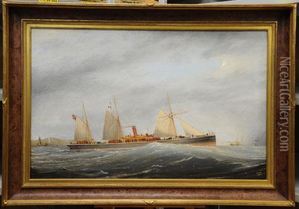 S.s. Glenfalloch At Sea With Shipping And Coastline Beyond Oil Painting - Charles Keith Miller