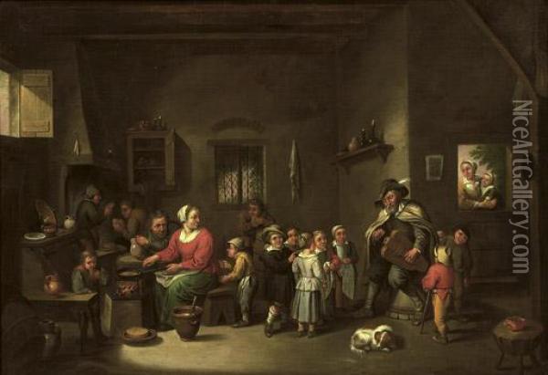 An Interior With A Hurdy-gurdy Player Making Music Oil Painting - Victor Mahu