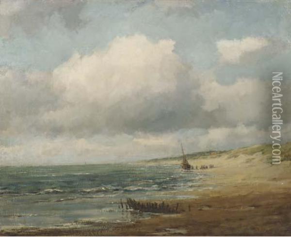 Aan Het Noordzeestrand: Beach With A Bomschuit Oil Painting - Carl August Breitenstein