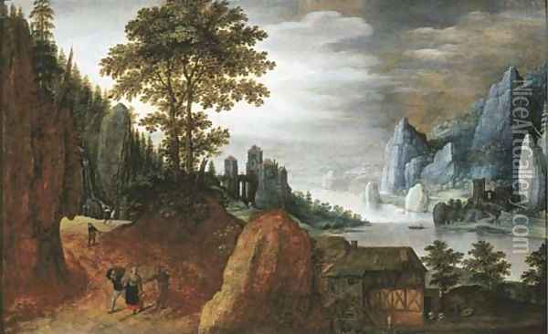 Peasants on a path in a rocky landscape, near a farmhouse with a watermill, a castle beyond Oil Painting - Tobias van Haecht (see Verhaecht)