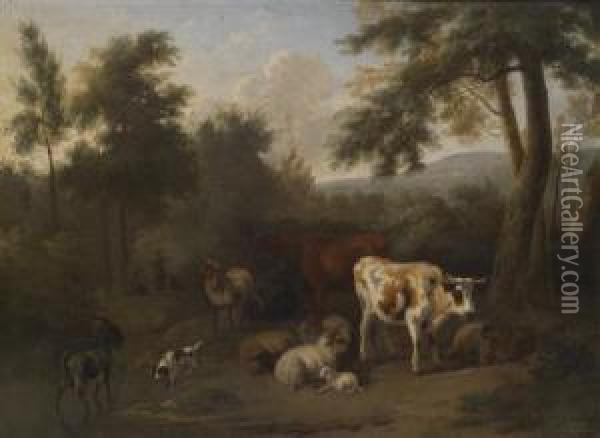 A Wooded Landscape With Resting Cattle And Herders Oil Painting - Jan Vermeer Van Delft