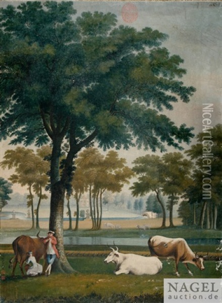 Cattle And Herdsmen In A Baroque Garden Oil Painting -  Lang Shining (Giuseppe Castiglione)