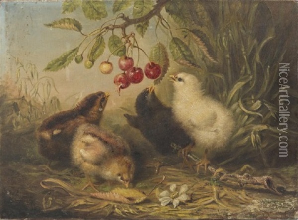 Chicks And A Branch Of Cherries Oil Painting - Ben Austrian