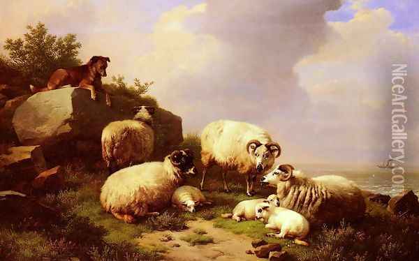 Guarding The Flock By The Coast Oil Painting - Eugene Verboeckhoven