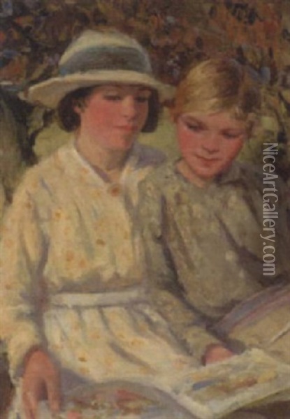 Two Girls Reading On A River Bank Oil Painting - Helen S. Johnston