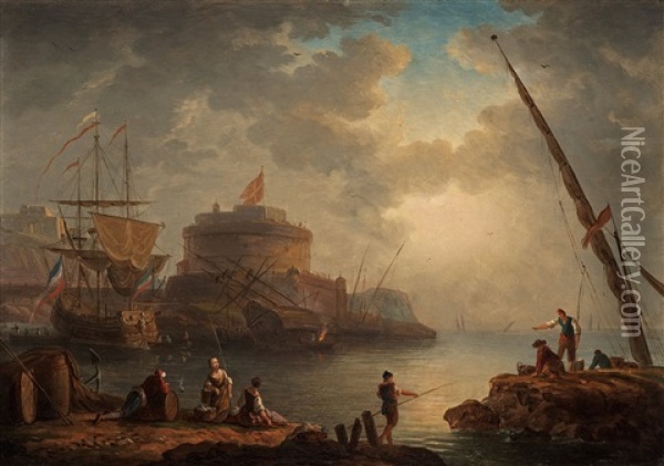 Fiske Och Segelbatar Vid Kusten Oil Painting - Charles Francois Lacroix