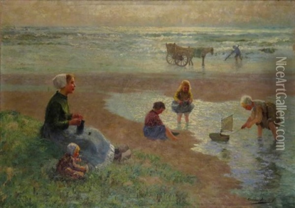 Mother And Children At The Beach Oil Painting - Carl Eugene Mulertt