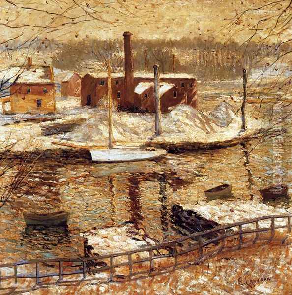 River Scene in Winter Oil Painting - Ernest Lawson
