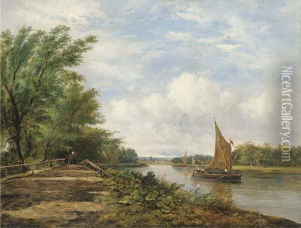 Barges On A River In A Sunlit Landscape Oil Painting - Frederick Waters Watts