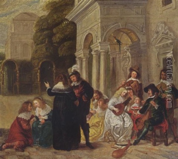A Courtyard With An Elegant Company Making Music And Conversing Oil Painting - Hieronymous (Den Danser) Janssens