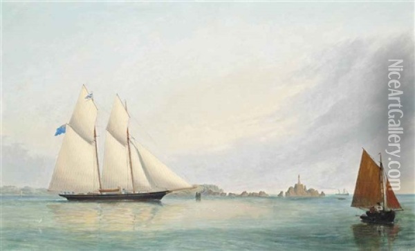 A Royal Thames Yacht Club Schooner Off La Corbiere Lighthouse, Jersey, Channel Islands Oil Painting - Philip John Ouless