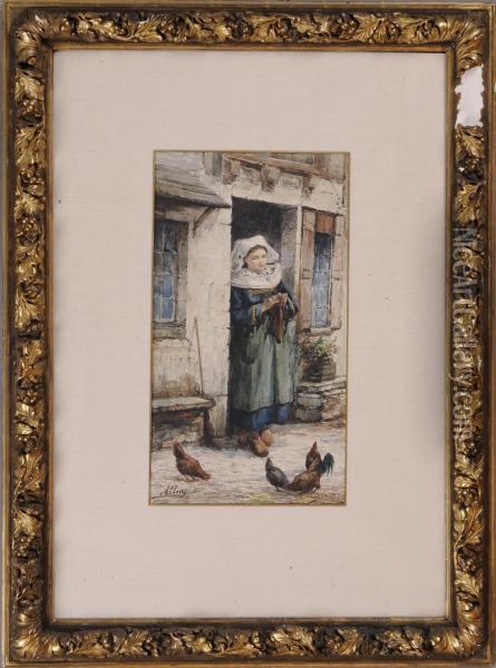 Girl Feeding Chickens Oil Painting - Auguste Allonge