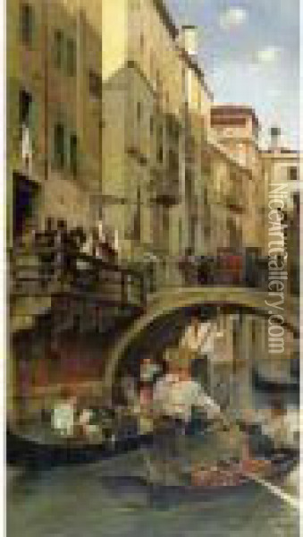 A Venetian Canal Oil Painting - Henry Woods