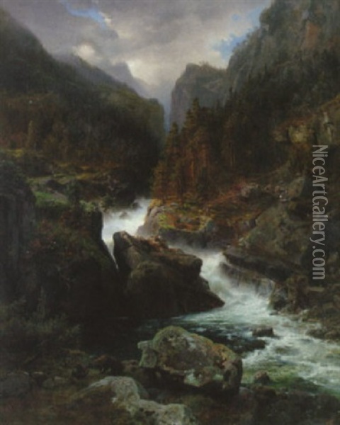 Bergslandskap Med Lekande Bjornfamilj Oil Painting - Hans Frederick Gude