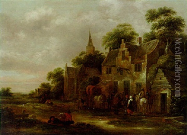 Travellers And Peasants With A Horse And A Wagon By A Village Inn Oil Painting - Nicolaes Molenaer