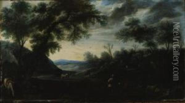 A Wooded Landscape With Figures And A Horse-drawn Carriage On Apath Oil Painting - Carlo Antonio Procaccini