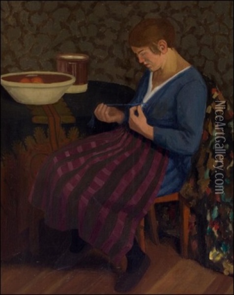 Nainen Sinisessa Mekossa - Kvinna I Bla Klanning Oil Painting - Juho Rissanen