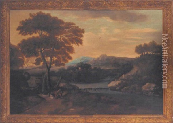 An Italianate River Landscape With A Shepherd Tending His Flock Oil Painting - Gaspard Dughet