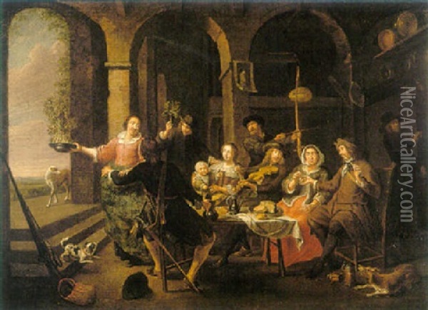 An Interior With Figures Making Merry Around A Table Oil Painting - Willem van Herp the Elder
