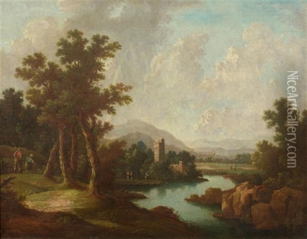 Flusslandschaft Mit Ruine Und Wanderer Oil Painting - Georg Christoph Gottlieb von Bemmel the Younger