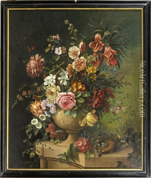 An Urn Of Summer Flowers With A Bird's Nest, Upon A Stone Ledge Oil Painting - Georgius Jacobus Johannes van Os