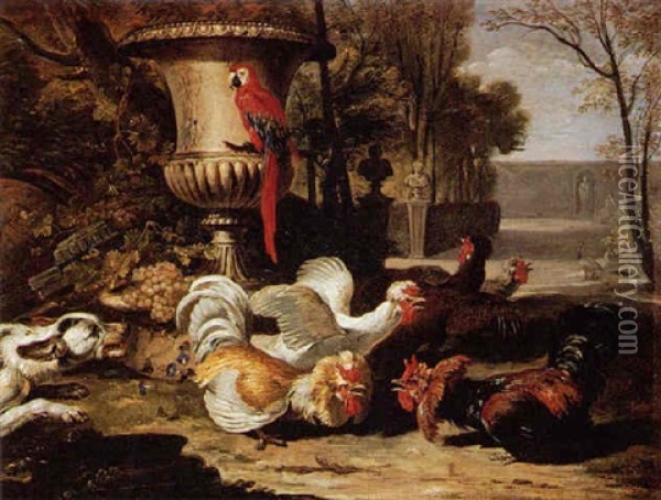 Fighting Roosters, A Parrot And A Dog In A Garden Landscape Oil Painting - David de Coninck