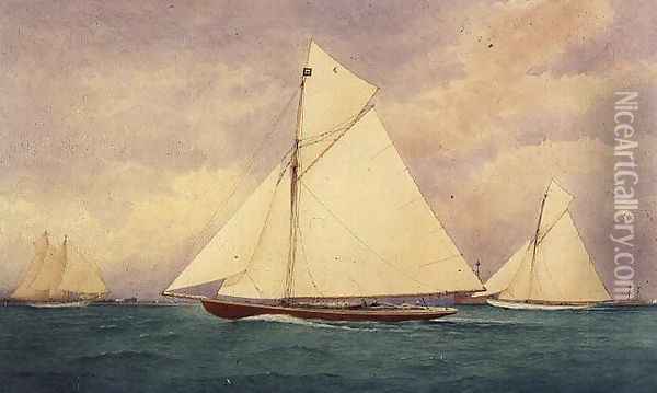 The Racing Yacht Niagara in the Solent, Hurst Point Beyond Oil Painting - Robert Pritchett