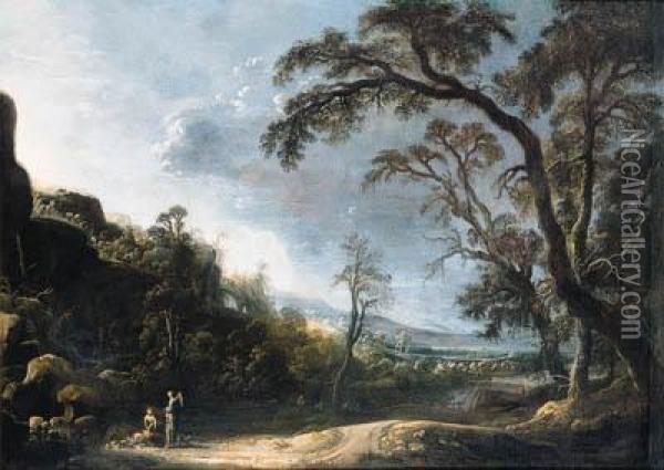 Tobias And The Angel In An Extensive Wooded, Mountainouslandscape Oil Painting - Joachim Govertsz. Camphuysen