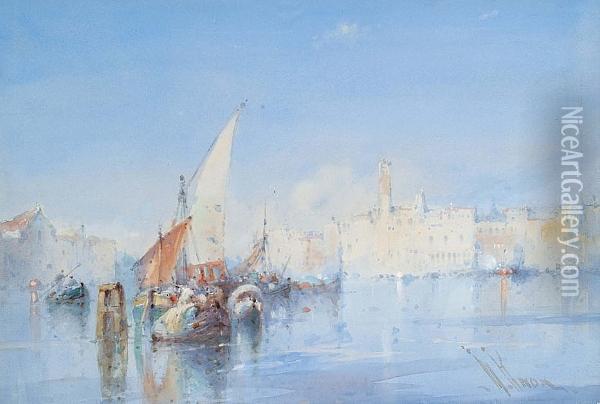 Entrance To The Grand Canal, Venice; View Of Venice From Across The Water Oil Painting - William Knox