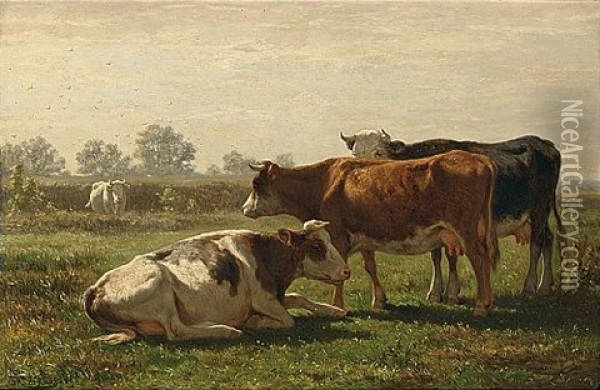 Cows In A Summer Landscape Oil Painting - Johannes Hubertus Leonardus de Haas