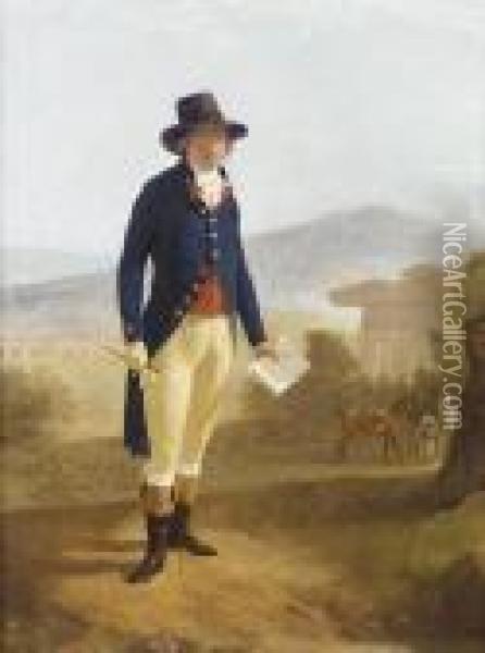 Portrait Of A Young Gentleman, 
Standing Small Full-length, In A Dark Blue Coat, Red Waistcoat And Buff 
Breeches, With A Brown Hat, Holding A Book And A Crop, A Groom With 
Horses Before A Ruined Temple And An Aquaduct In An Italianate Landscape
 Bey Oil Painting - Louis Gauffier