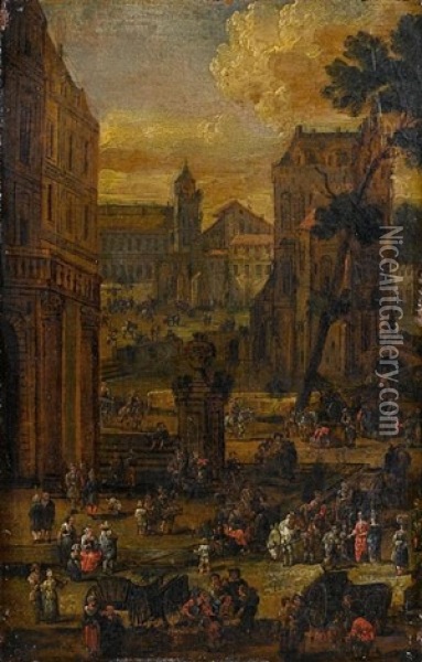 A Townscape With Figures In A Market Square Oil Painting - Pieter Casteels the Younger
