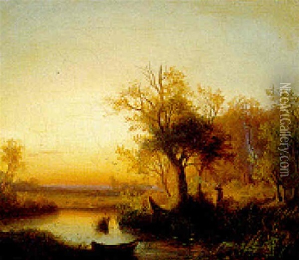 Hunters In A River Landscape Oil Painting - Dietrich Langko