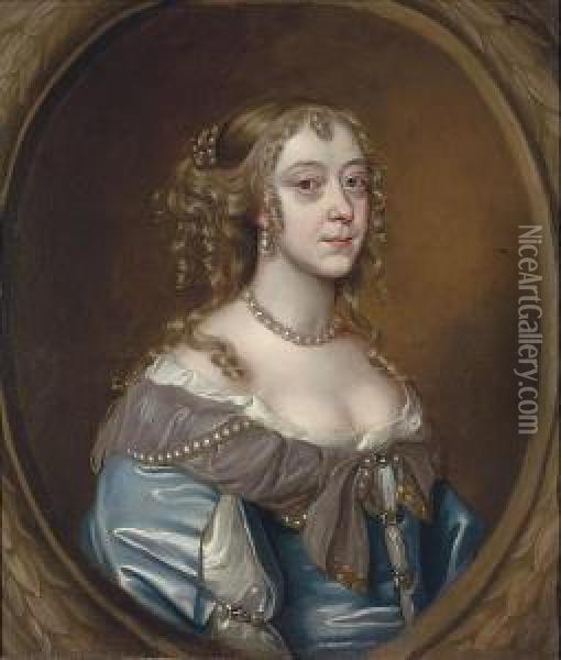 Portrait Of A Lady, Bust-length, In A Blue Dress With Pearls, In Asculpted Cartouche Oil Painting - Mary Beale