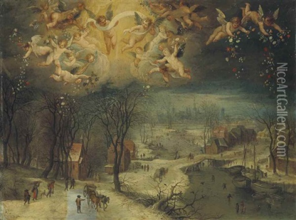 A Winter Landscape With Villagers Gathering Wood And Skaters On A Frozen River, Putti Scattering Flowers Above Oil Painting - Jan Brueghel the Elder