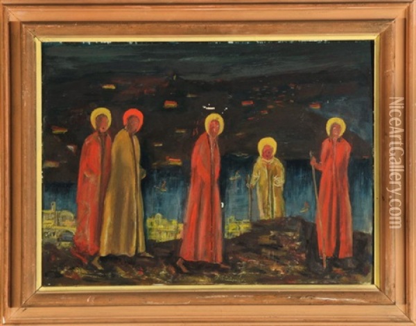 Funf Heilige Vor Der Stadtkulisse Von Bethlehem(?) Oil Painting - Paul Thalheimer