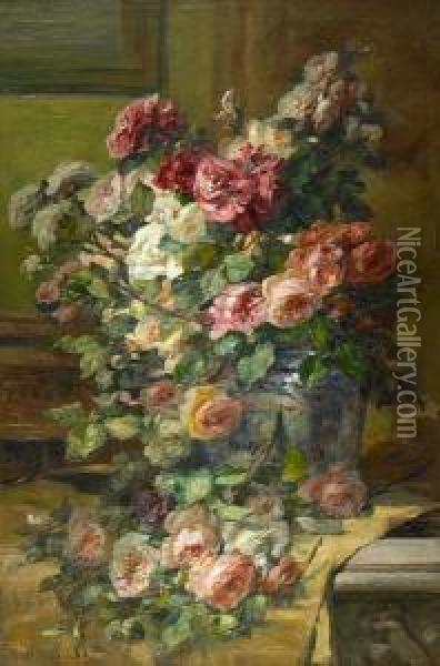 Roses In A Porcelain Vase Oil Painting - Emile Berchmans