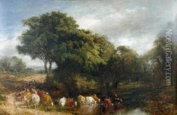 Cattle Watering At A Stream Oil Painting - Frederick Henry Henshaw