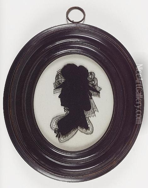 A Silhouette Of A Lady, Profile To The Left, Wearing Lace Collar, Her Large Outdoor Hat Adorned With Ribbons And Feathers, Her Hair Worn In A Banging Chignon Oil Painting - Walter Jorden