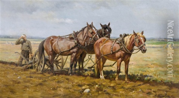 Bauern Mit Pferden Beim Pflugen Oil Painting - Marie Guise Newcomb