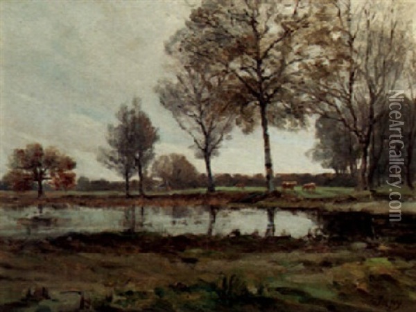 Cattle Grazing By A Lake Oil Painting - Louis Aime Japy