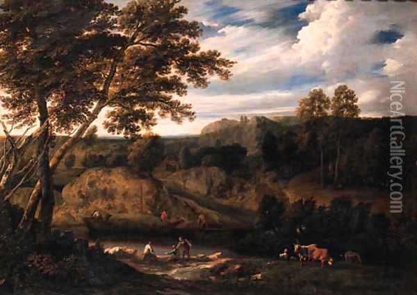 Fishermen on a river bank with a peasant woman and cattle in a meadow, a haybarge near a landing stage, in an Italianate landscape Oil Painting - Cornelis Huysmans
