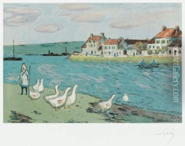 Bords De Riviere, Ou Les Oies Oil Painting - Alfred Sisley