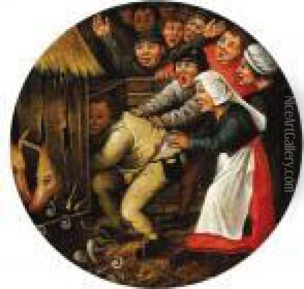 The Drunkard Pushed Into The Pigsty Oil Painting - Pieter The Younger Brueghel