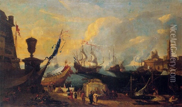 Navires Abandonnant La Cote Mediterraneenne Oil Painting - Luca Carlevarijs