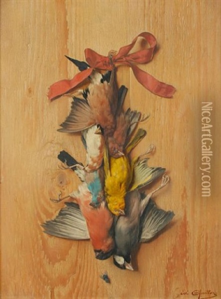 A Still Life Of Song Birds Hung By A Red Ribbon (+ Another, Lrgr; 2 Works) Oil Painting - Edouard Quitton